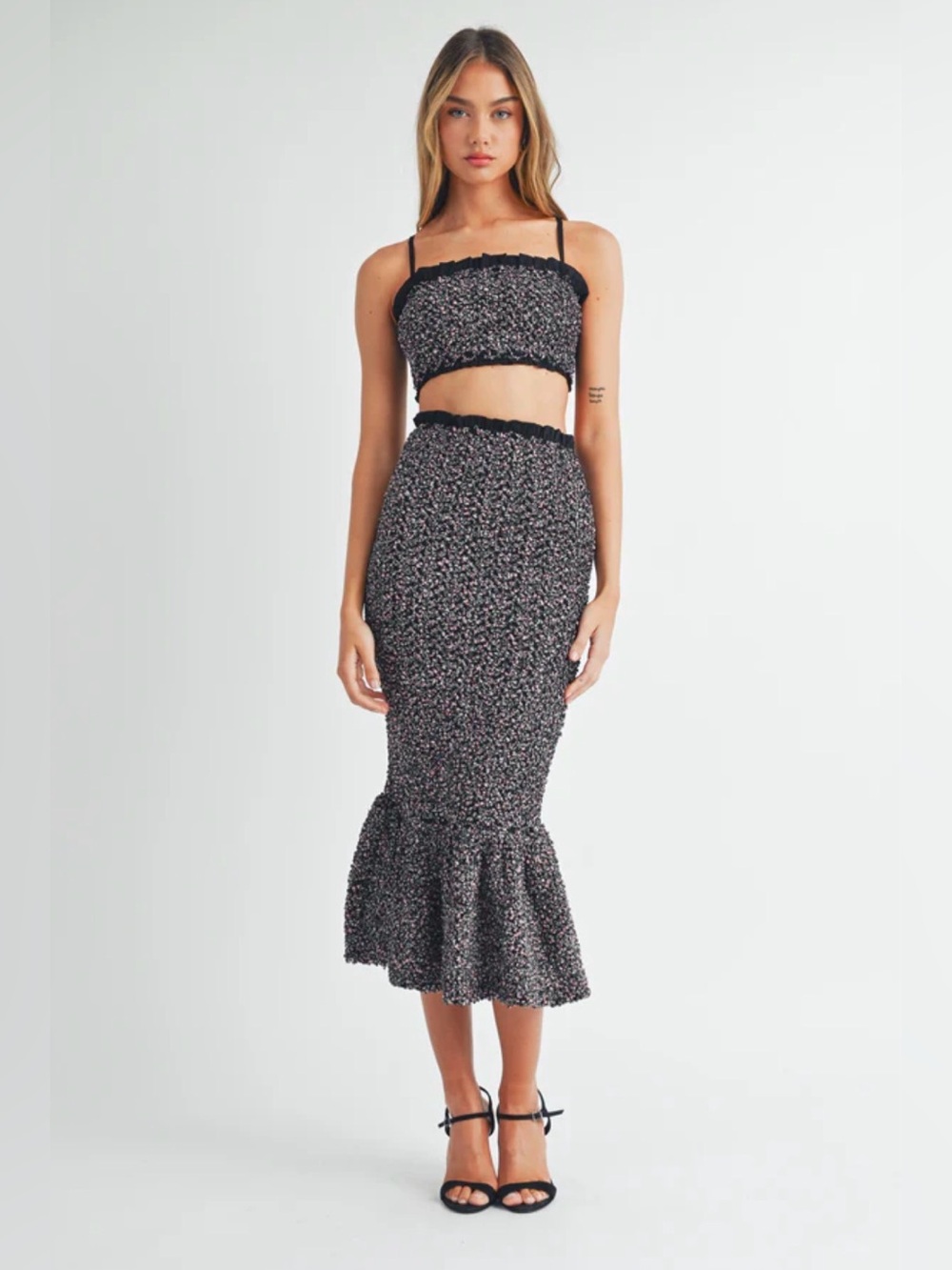 Black Floral Ruched Midi Skirt